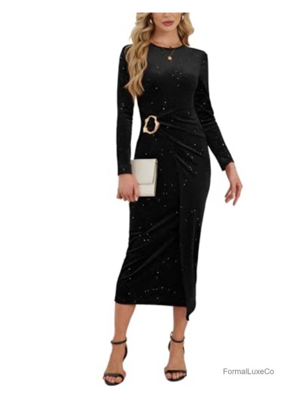Women Velvet Bodycon Midi Dress Sequin Glitter Wrap Long Sleeve Party Gown